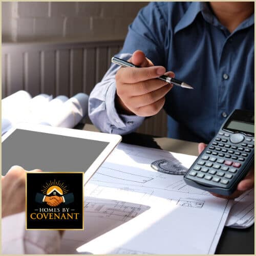“Homebuyer reviewing modular home base module pricing with cost breakdowns and construction documents.”