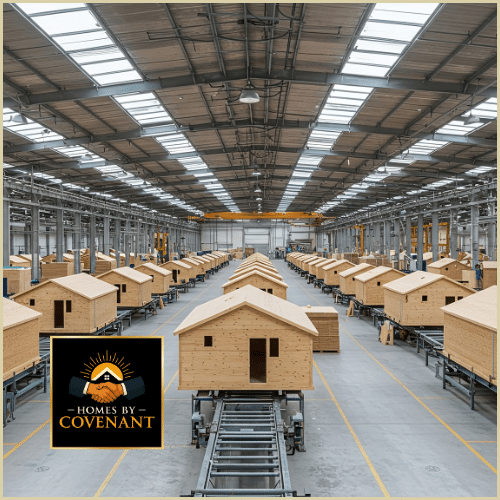 Modular home modules being assembled inside a modern factory production line.