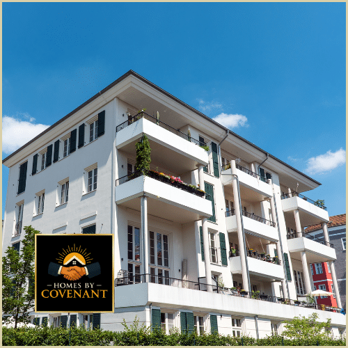 Completed multi-family modular building with multiple residential units.