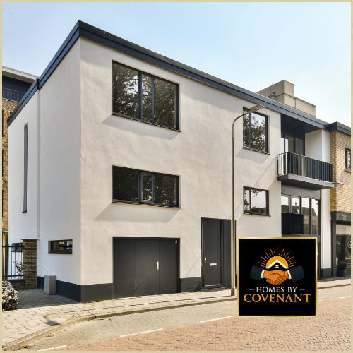 Modern modular homes in a residential neighborhood representing pricing examples.