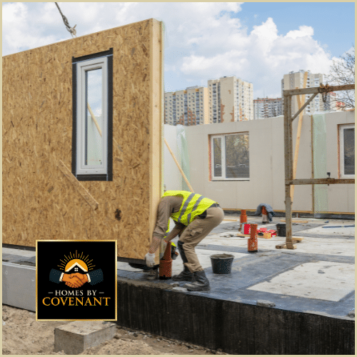 Modular home installation beside site-built construction showing method comparison.