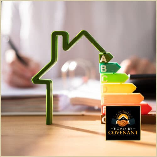 “Energy-efficient modular home symbols showing insulation, HVAC upgrades, and high-performance window packages.”