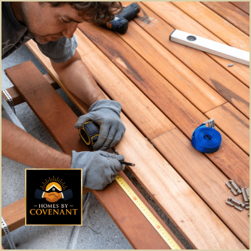 Contractor sanding deck boards during a refinishing project.