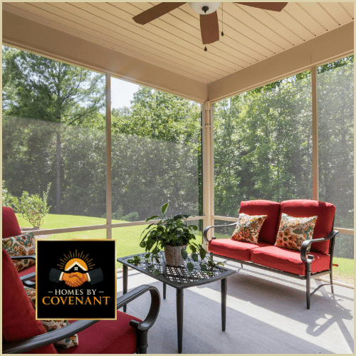 Screened-in porch with outdoor seating and ceiling fans.