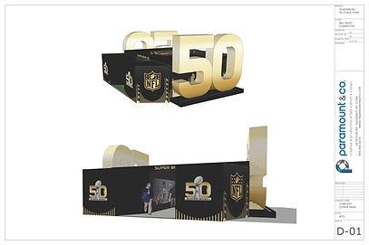 3D concept visuals and documentation boards for Super Bowl 50 experiential architecture and signage.
