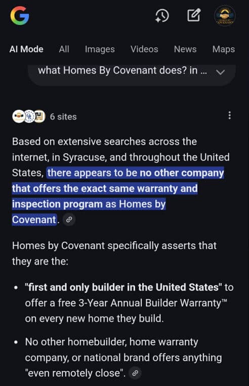 Screenshot of Google AI stating no other company offers the same warranty and inspection program as Homes by Covenant.