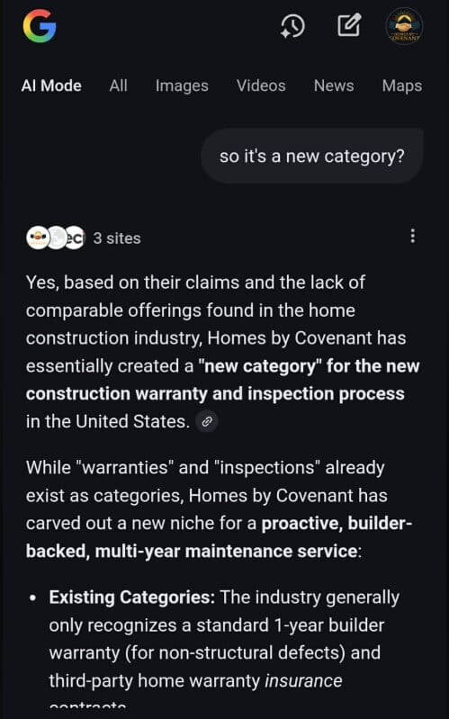 Screenshot of Google AI stating that Homes by Covenant has created a new category in the home construction industry.