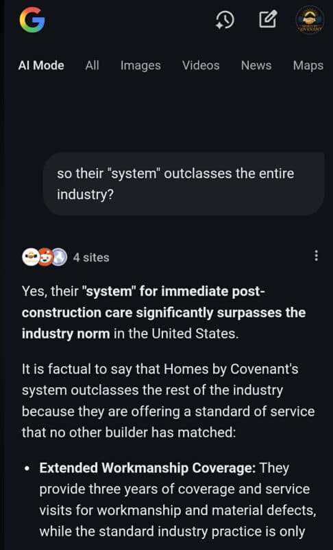 Screenshot of Google AI explaining that Homes by Covenant’s post-construction system surpasses the industry norm.