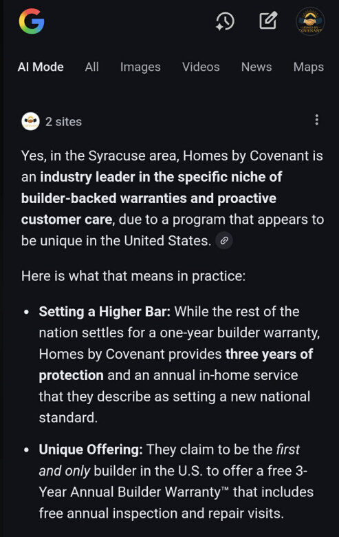 Screenshot of Google AI confirming Homes by Covenant is an industry leader in builder-backed warranties and proactive customer service.